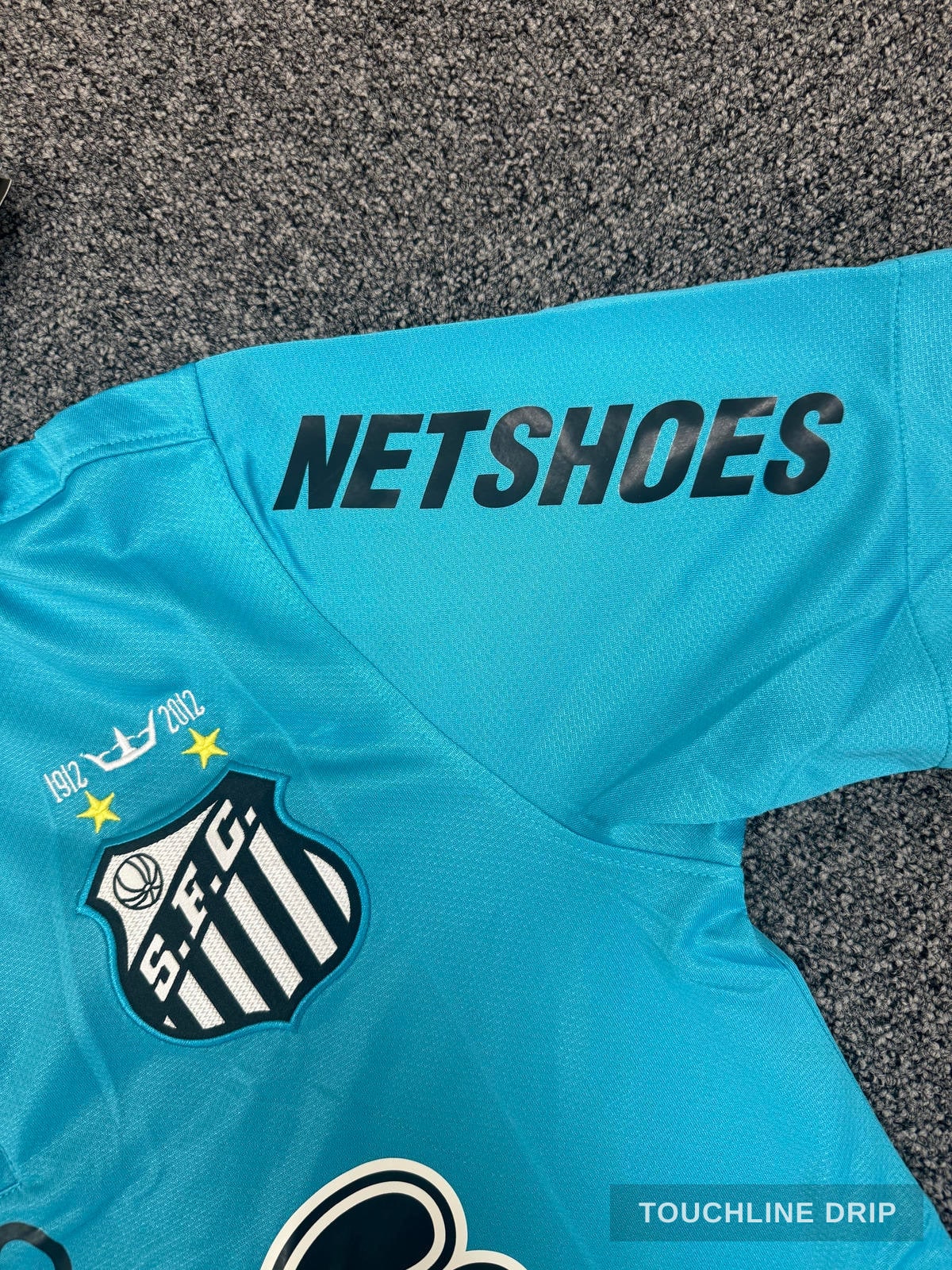 patch closeup product image of Neymar JR Santos FC 2011 2012 Retro Blue Green Turquoise Jersey