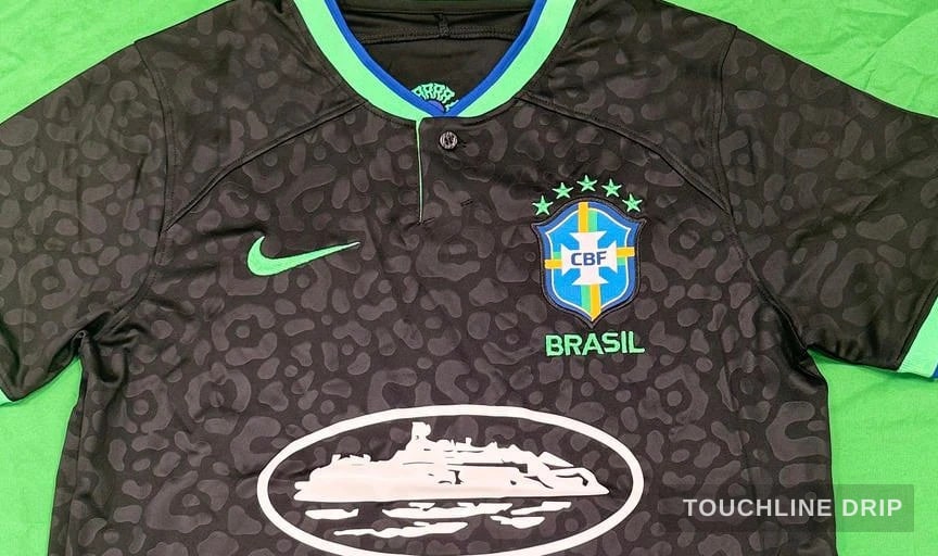 logo closeup detail image of Nike x Corteiz Alcatraz Brazil Black Leopard Concept Jersey