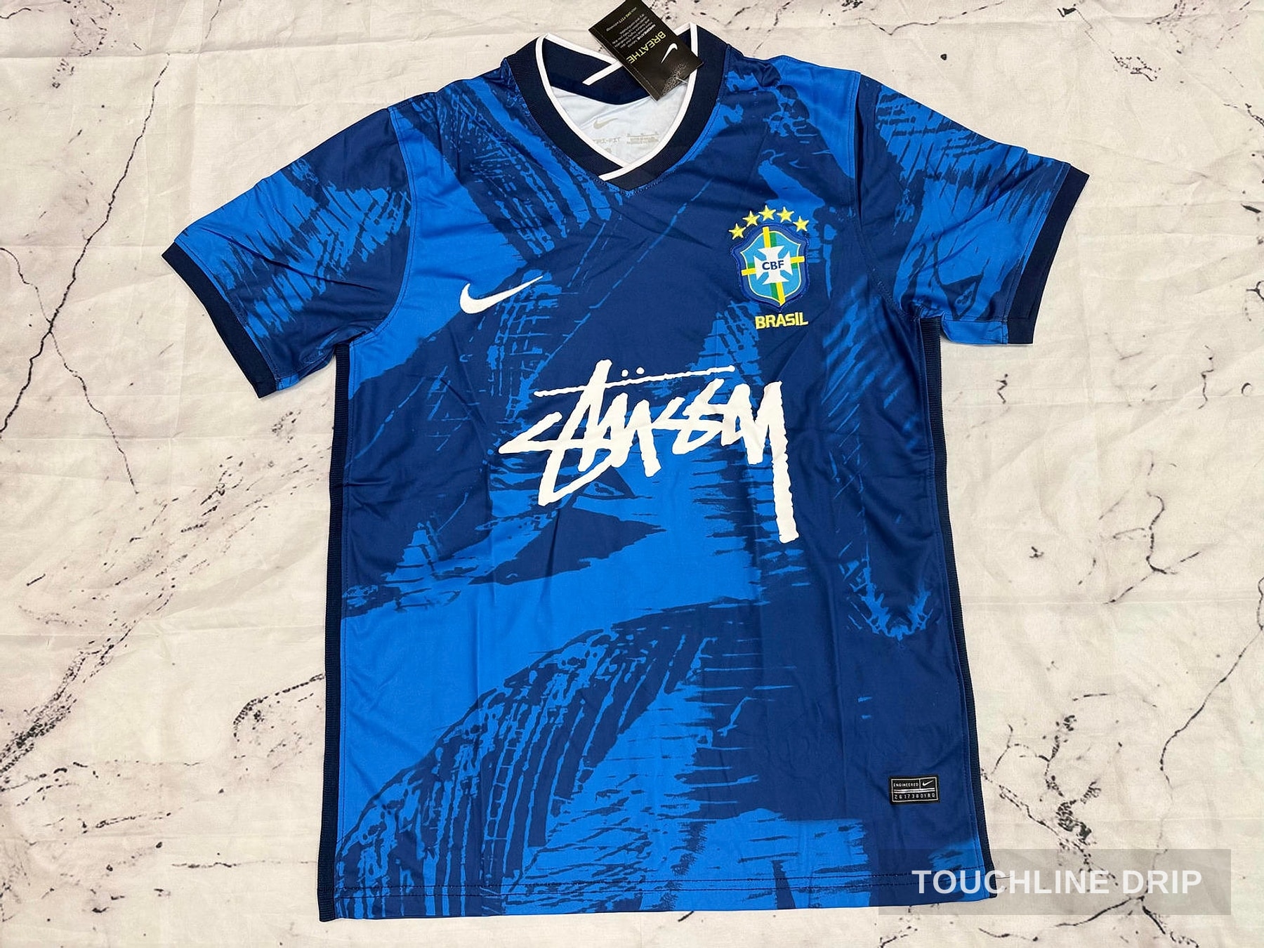 Front product image of Nike x Stussy Brazil Mid Blue Leaf Print Concept Jersey