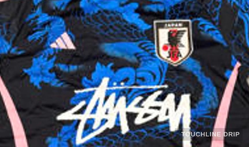 logo closeup detail image of Stussy x Japan Mystic Blue-pink Dragon Jersey