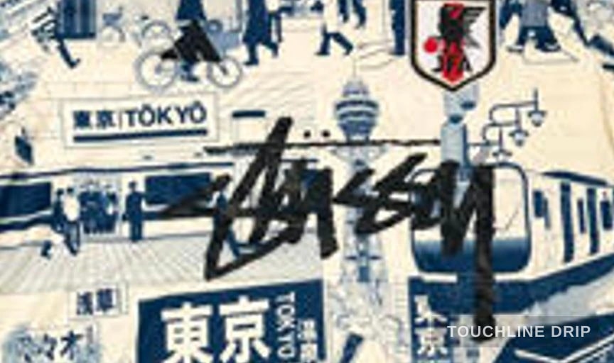 logo closeup detail image of Stussy x Japan "tokyo Streetscape" Concept Jersey – Cream/blue